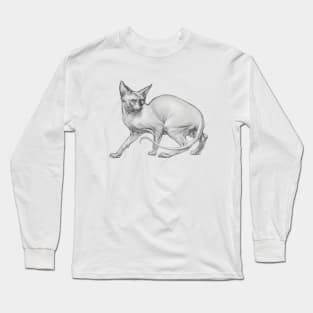 Realistic Sphinx Cat Graphite Drawing - Black and White Art Long Sleeve T-Shirt